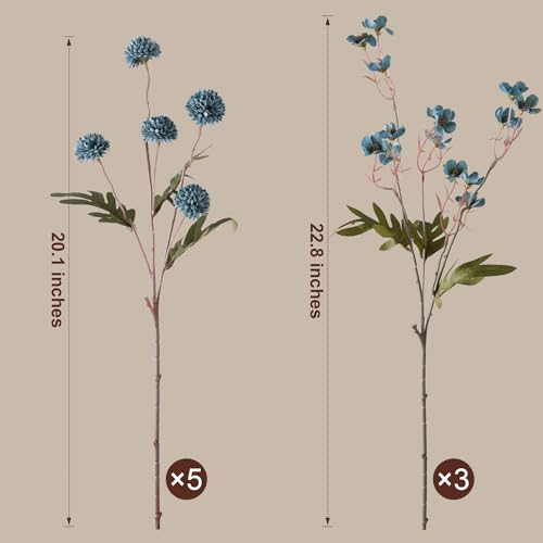 HyeFlora Fake Kiku Flowers, Faux Silk Pompon Mums Artificial Flowers, Chrysanthemum Stems Floral Arrangement Dried Flowers Vintage Decorative Indoor Home Decor Blue with Wax (Vase not Included) - color: 8pcs-blue Wax&kiku