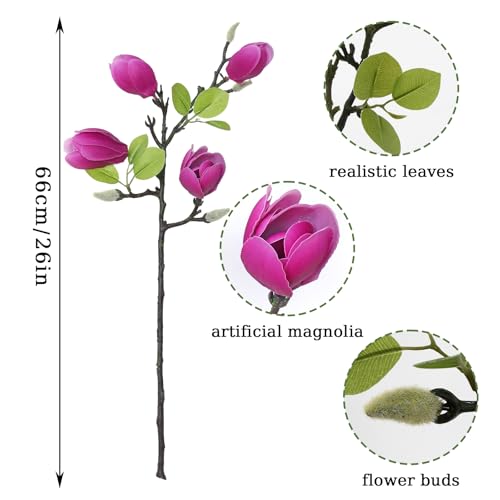 6PCS Artificial Magnolia Flowers Stems for Spring Decoration,26In Artificial Purple Fake Flowers with Buds Faux Long Stem Floral Arrangement for Vase Table Centerpiece Indoor (Purple) - color: Purple