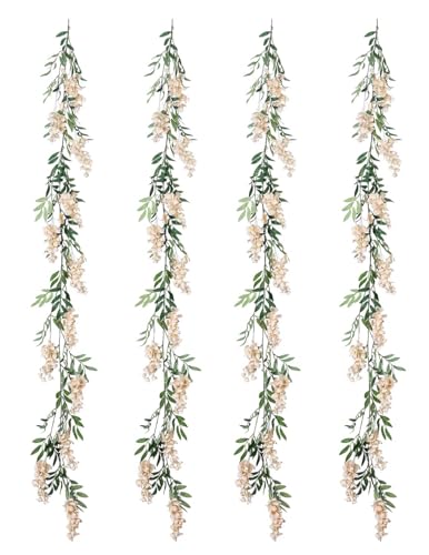 Duovlo 4Pcs 6.6Ft/Piece Imitation Silk Wisteria Garland Hanging Flower Vine for Home Outdoor Garden Ceremony Wedding Arch Floral Decor (Champagne) - color: Champagne