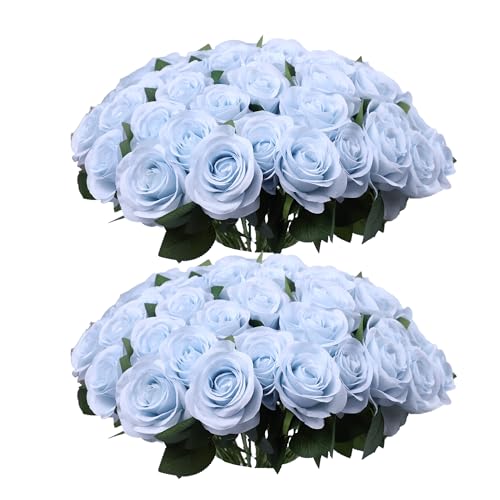 52pcs Light Blue Roses Artificial Flowers Fake Flowers Silk Roses with Stems for DIY Wedding Bouquets Bridal Shower Centerpieces Arrangements Party Decorations - color: Light Blue