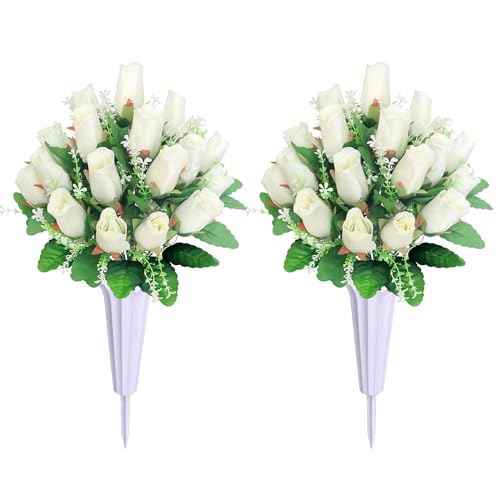 Artificial Cemetery Flowers for Grave,2Pack Memorial Roses Bouquets with Vase for Grave Tombstone Decorations(White) - color: White