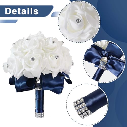 MOJUN Wedding Bouquets Crystal PE Roses Bridal Bridesmaid Wedding Hand Holding Bouquet Artificial Fake Flowers Toss Bouquet, Navy - color: Navy