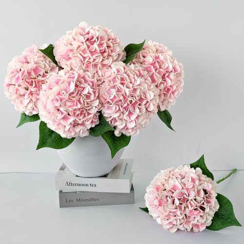 ZYTUYO 5 Pcs Pink/White Silk Hydrangeas Aritificial Flower Boho 20'' Faux Hydrangeas for Spring Indoor Home Decor Kitchen Living Room Baby Shower Outdoor Wedding Table Centerpiece - color: Pink/White