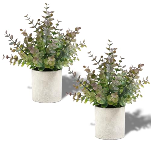 Coferset 2 Pack Small Fake Plants Christmas Greenery Eucalyptus Potted Artificial Plants for Shelf Desk Home Bathroom Farmhouse Room Coffee Table Decor Christmas Decor(Purple) - color: Purple-small