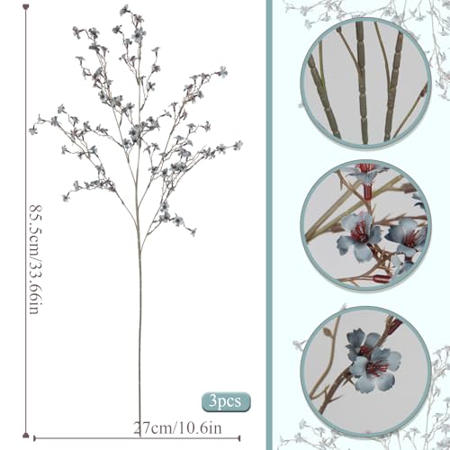 3 Pcs Cherry Blossom Branches Artificial Flowers for Spring Summer Indoor Decoration Faux Cherry Blossom Long Stems Dusty Blue Silk Fake Flowers for Tall Vase Arrangements Home Wedding Table - color: Dusty Blue