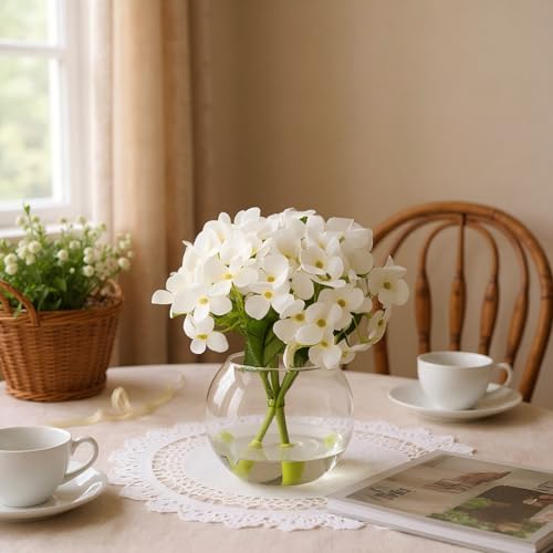 2 Pcs Hydrangea Artificial Flowers - Fake Flowers Real Touch Floral Arrangement with Faux Water in Glass Vase, Home, Bathroom and Office Table Centerpiece Decor（White） - color: White