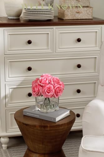 WELL KNOWN Rose Artificial Flowers in Vase with Faux Water, Silk Rose Table Centerpieces for Home Coffee Table Decor, Fake Roses Flower Arrangements for Office Hotel Lavatory Decor (Pink) - color: Pink