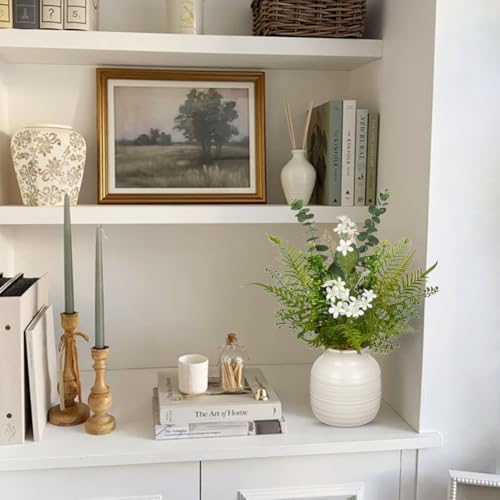 Artificial Floral Arrangement with Ceramic Vase - 15.4" Faux Greenery & White Flowers | Fern | Eucalyptus Leaves Fake Table Centerpiece in Vintage Vase for Home Office Living Room Bedroom Indoor Decor - color: White