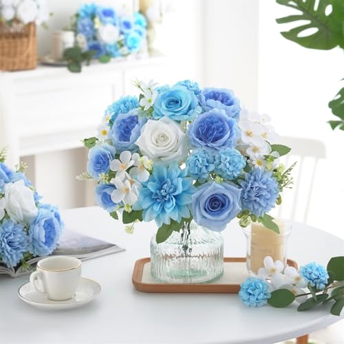 4 Pcs Mixed Artificial Flowers Set, Small Artificial Peony Bouquet Fake Rose Flower Silk Floral Arrangements for Table Centerpiece Home Wedding Party Bridal Decoration(Blue, 2 Bouquets & 2 Stems) - color: Blue & White, size: Mixed 4pcs
