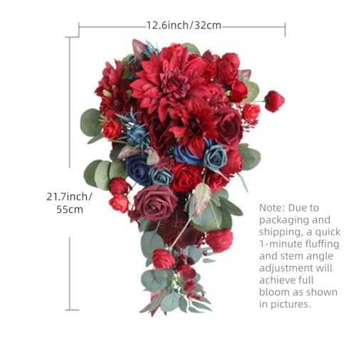12.6 Inch Cascade Wedding Bouquet for Bride with Artificial Rose Dahlia Flower Cascading Bridal Bride Bouquet Wedding Ceremony Anniversary Bridal Shower Burgundy and Navy Blue - color: Burgundy & Blue