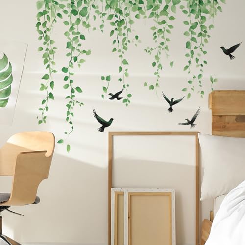 Green Plants Leaves Wall Decals Removable Green Hanging Vines with Birds Wall Stickers Peel and Stick Vinyl Waterproof Leaf Wall Decor for Bedroom Living Room Bathroom Classroom Decorations - style: Green Plants Leaves 3