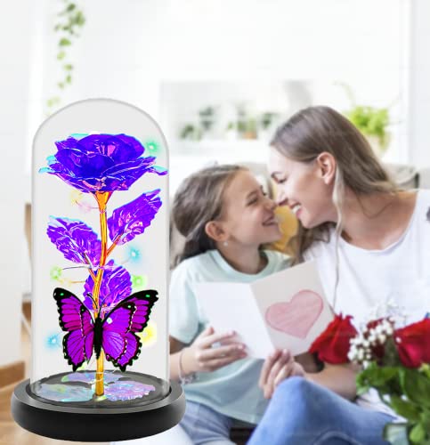 Mothers Day Rose Flower Gifts for Mom, Birthday Gifts for Women, Galaxy Crystal Light Up Rose Flowers in A Glass Dome, Mother Day Presents Wife Grandma Sister Her Mom from Daughter Butterfly Purple - color: A-purple