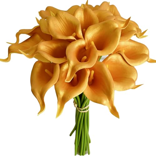 Mandy's 20pcs Gold Calla Lily Artificial Flowers | 13.5 Inch PU Realistic Bouquet for Vase Elegant Home Decor Centerpiece Wedding Bridal Bouquet Table Decoration - color: Gold