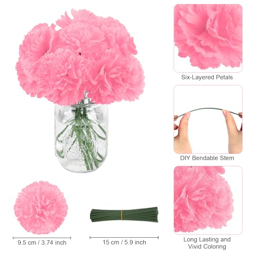 108pcs Carnation Head Flowers with Stem, Pink Artificial Flowers Carnations, 3.5" Silk Carnation Fake Flower for Funeral Arrangements Wedding Bouquets Centerpieces Cemetery Wreaths Grad Party Decor - color: Pink