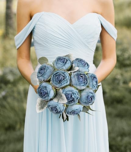 24PCS Artificial Peony Flower Heads 2.56" Fake Blue Flowers Silk Peonies with Stems Real Look for DIY Wreaths Wedding Bouquets Cake Party Home Decoration (Blue) - color: Blue