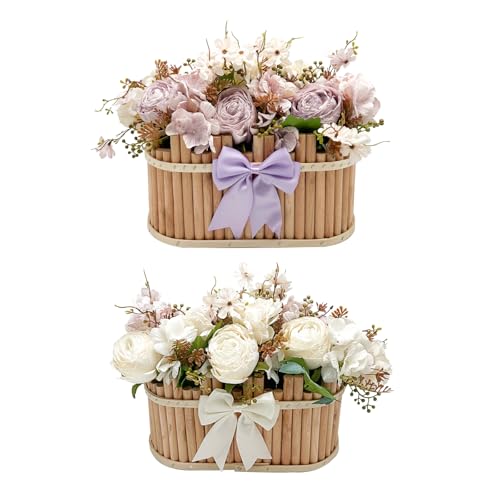 Dining Table Centerpiece Decor - Pre-Made Artificial Flower Arrangement Fake Floral with Wooden Vase for Farmhouse Kitchen Bathroom Living Room Decorations (Purple-White) - color: Purple-white