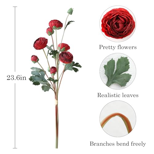 6Pcs Realistic Silk Red Ranunculus Artificial Flowers Long Stems, 23.6" Tall Fake Flowers Faux Flowers Suit for Year-Round Home Decoration, Wedding, Bridal Bouquets, Office - color: Red