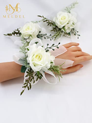 6Pcs White Artificial Rose Wrist Corsages for Wedding Prom | Faux Silk Flower for Homecoming Party Anniversary, Women Wristlet Corsage for Bride Formal Engagement Graduation Gift - color: 6pcs White Wrist Corsages