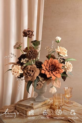 Ling's moment Artificial Wedding Flowers Combo, Fake Greenery for DIY Bouquets Centerpieces Decorations Foam Rose Hydrangea with Stems for Party Home Decor, Walnut Brown & Burnt Orange, Deluxe Combo - color: Walnut Brown & Burnt Orange, size: Deluxe