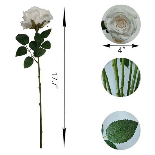 ATFL Fake Ivory Roses Artificial Flowers Bulk,Floral Diameter 4'',20 Pcs Artificial Silk Roses Flowers with Stems for Wedding Arrangement Centerpieces Party Home Table Decorations (20, Ivory) - color: Ivory