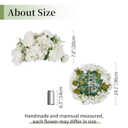 BLOSMON Artificial Flower Balls Wedding Centerpieces 2 Pcs 14.2" Large White Fake Flowers Rose Hydrangea Ball Arrangement Center Pieces for Table Silk Floral Bouquet for Wedding Party Home Decor - color: White, size: Diam 14.2" - 2 Pcs