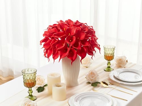 24 Pcs Red Artificial Calla Lily Flowers Fake Red Silk Flowers Real Touch for Wedding Bouquet Office Home Kitchen Decor - color: Red