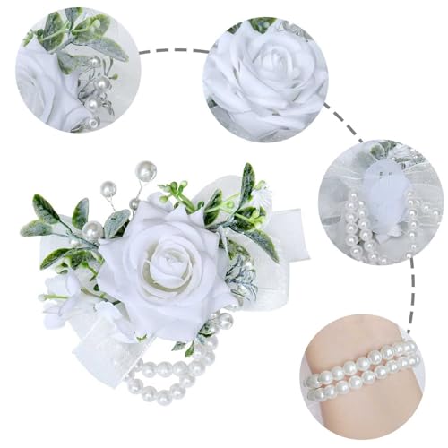 Wrist Corsage for Wedding Bride Bridesmaids Women Girl Artificial White Rose Flower Pearl Wristband Wrist Corsage for Wedding Prom Party Homecoming Ceremony Anniversary White Rose Corsage - color: White Rose Corsage