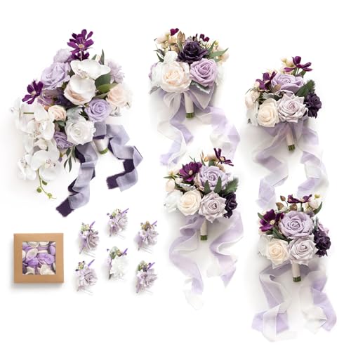 Ling's moment Wedding Artificial Flowers Package, Bridal Bouquet, Bridesmaid Bouquets, Boutonniere for Men, Rose Petals.Sage Orchid Purple Cream - color: Prpl-sage Orchid & Purple Cream