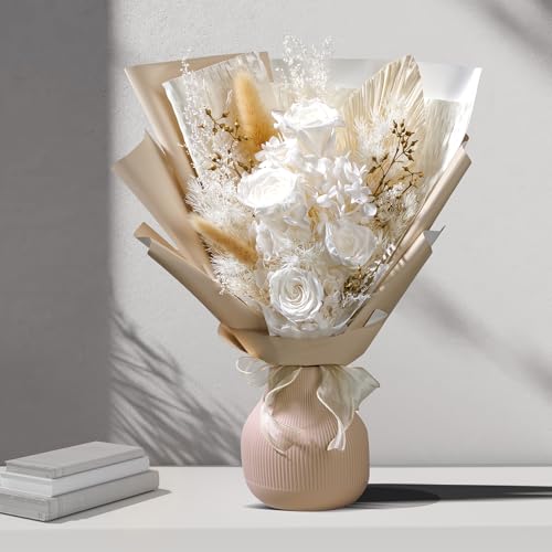 Bonsion Preserved Flowers Gifts for Women, Flower for Delivery, White Roses Gifts fo Her, Preserved Roses Bouquets, Birthday Gifts for Grandma, Mothers Day Flowers for Wife - color: White