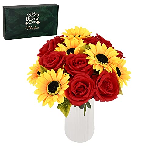 Waipfaru 16 Pcs Fake Roses Sunflowers Artificial Flowers Bulk, Silk Red Roses Yellow Flowers Artificial with Long Stems for Outdoors Wedding Bouquet Vase Flower Arrangement Decoration - color: C-red Rose & Sunflower, size: 16 Pcs