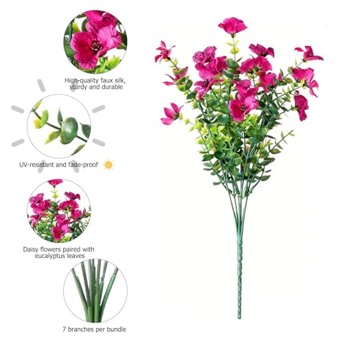 Artificial Flowers for Outdoors, 12 Bundles Fake Daisy Flowers Spring Decor, UV Resistant Faux Flower Daisy with Eucalyptus for Garden Porch Planter Box (6 Multicolor) - color: 6 Multicolor