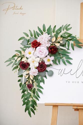 Faux Flower Swag Set of 2 for Wedding Welcome Signs Floral Swag Wedding Reception Ceremony Signs Decor (A-Burgundy Pink) - color: A-burgundy Pink