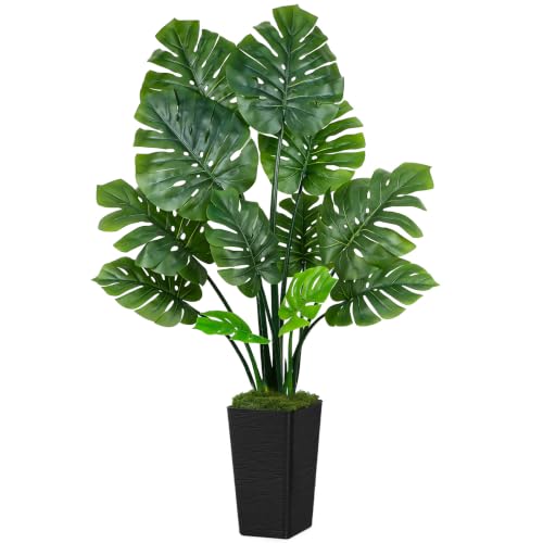 UPBUD Artificial Monstera Deliciosa Plant, 5FT Fake Tree with Real Touch Green Leaves & Black Square Pot, 60in Tall Faux Floor Trees Fake Plants for Indoor Outdoor Porch Living Room Decor - color: Green Leaves Black Planter