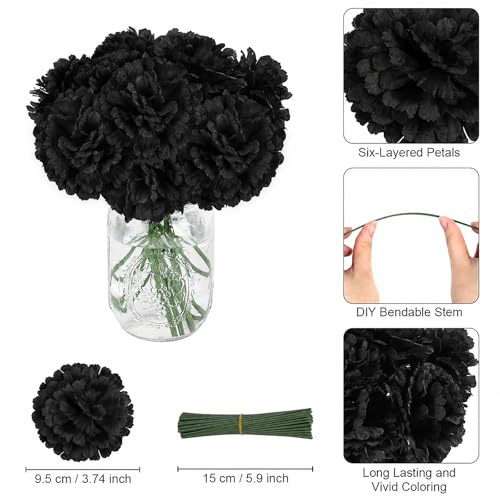 108pcs Carnation Head Flowers with Stem, Black Artificial Flowers Carnations, 3.5" Silk Carnation Fake Flower for Funeral Arrangements Wedding Bouquets Centerpieces Cemetery Wreaths Gothic Party Decor - color: Black
