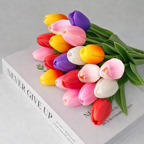 20 Pcs Tulips Artificial Flowers, 13.5'' Real Touch PU Fake Flowers Bouquet for Home Party, Spring Wedding Floral Arrangement, Valentine's, Easter and Mother's Day Decor (Pink,Red,Purple) - color: Pink,red,purple