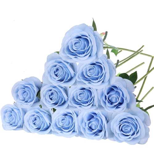 Felice Arts 12 Pack Light Blue Artificial Flowers with Stems Silk Roses Fake Flowers Bouquet for Wedding Table Vase Home Kitchen Party DIY Decor - color: Light Blue