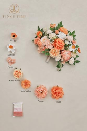 TINGE TIME 11 Inch Wedding Bouquets for Bride, CoralPink&Champagne Artificial Flowers Bouquet, Brides & Bridesmaids Bouquet for Wedding Anniversary Ceremony Bridal Shower Decorations - color: Coral Pink & Champagne