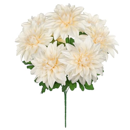 Hollyone White Artificial Dahlia Flowers Bush 7 Heads Silk Fake Dahlias Flowers with Stems Wedding Bouquets Faux Dahlia Flowers Floral Arrangements for Outdoor Indoor DIY Table Centerpieces Home Decor - color: White