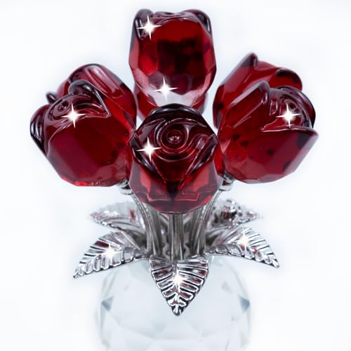 TWINKLING Crystal Roses Figurine with Round Vase, Glass Rose Crystal Flowers Bouquet, Birthday, Anniversary,Wedding, Home Décor,Silver Leaf (Red) - color: Red(silver Leaf)