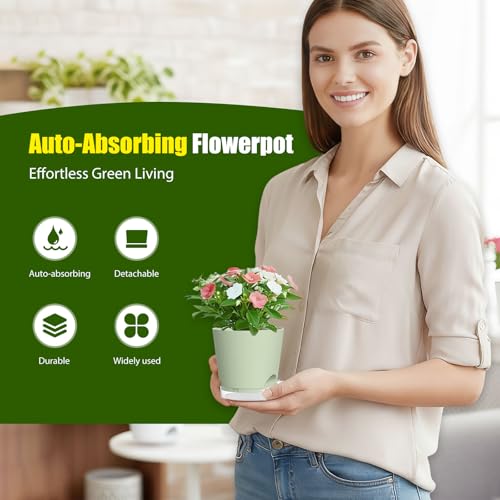 Plant Pots 4 Inch Self Watering Pots,6 Pack Plastic Planters with Drainage Holes and Clear Saucers,Plastic Flower Pots,Nursery Planting Pot for Indoor Out Door Plants (Green) - color: Green, size: 4 inch