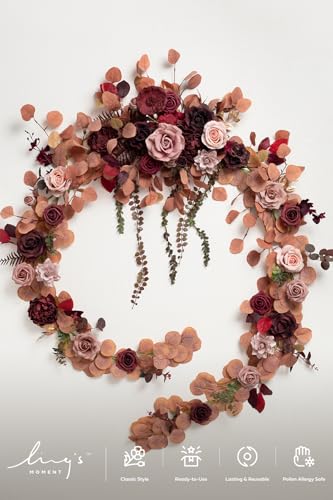 Ling's moment 9FT Eucalyptus and Willow Leaf Garland with White Flower, Handcrafted Wedding Sweetheart Table Centerpieces Head Table Decor Arch Backdrop Decorations for Wedding | Burgundy & Dusty rose - color: Red-burgundy & Peach Rose