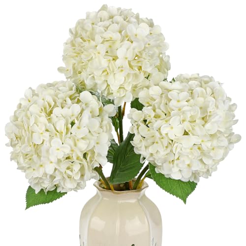 DILATATA Large Real Touch Hydrangea Artificial Flowers with Stems, 8" Full Bloom Fresh Touch Faux Hydrangea Bouquet for Vase Decor, Wedding Centerpieces, Home Table Arrangement 25.5” White Hydrangeas - color: White-l