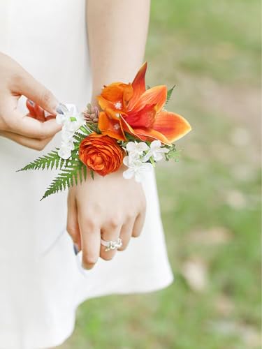 Rinlong 2Pcs Tropical Orchid Wrist Corsage for Wedding, Prom, Homecoming | Bridesmaid, Mother of the Bride Corsage - color: 20-tropical Orange