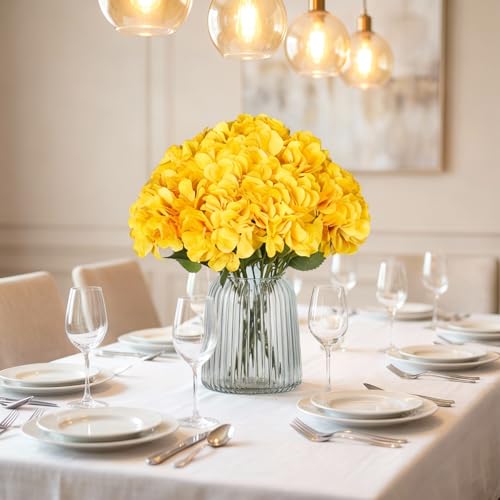 2Bouquets Artificial Fake Flowers Silk Hydrangea Arrangements Wedding Bouquets Decorations Plastic Floral Home Kitchen Garden Party Festival Bar DIY(Yellow,5 Flower Heads) - color: Yellow，5 Flower Heads