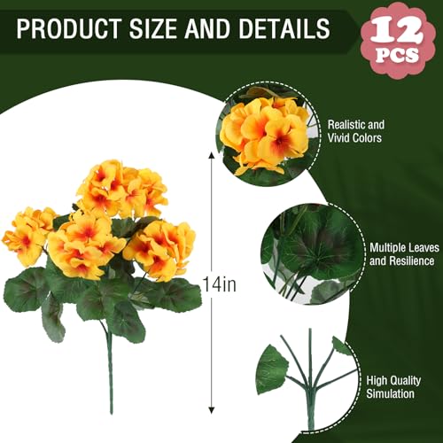 Hananona 12 Pcs Artificial Geranium Flowers for Outdoors Geranium Silk Flowers Outdoor UV Resistant Garden Plants Faux Flowers for Home Kitchen Table Centerpieces Decor (12, Yellow) - color: Yellow