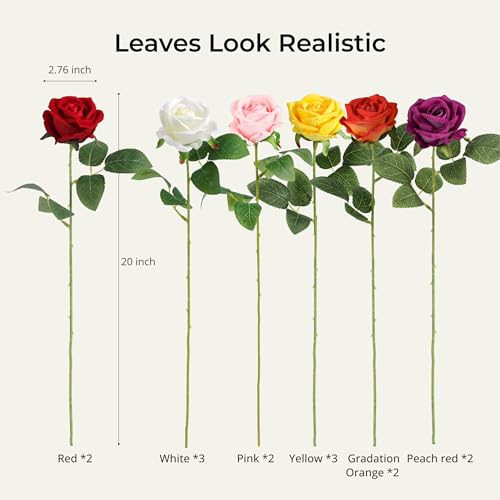 Auihiay 14PCS Mix Color Artificial Roses, Realistic Silk Fake Roses Flowers with Long Stem for Valentine's Day Gift, Baby Shower Centerpieces & Wedding Party Decor - color: Mix Color