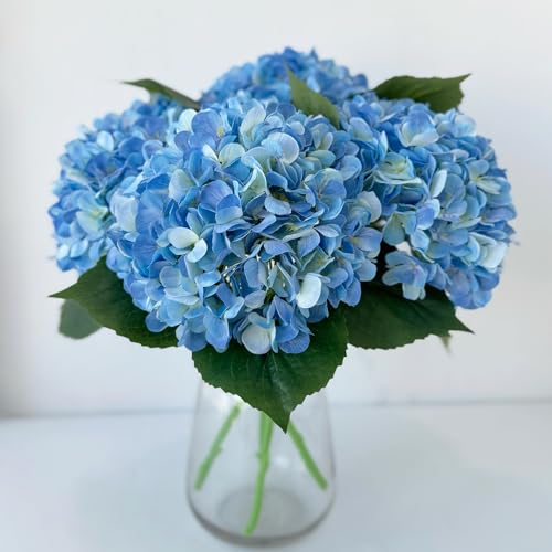 YalzoneMet 4Pcs Blue Silk Hydrangeas Artificial Flower Lifelike Big Blooms 20'' Long Stem Faux Hydrangea Flower Bouquets for Home Indoor Baby Shower Spring Outdoor Wedding Table Centerpiece Decor - color: Blue
