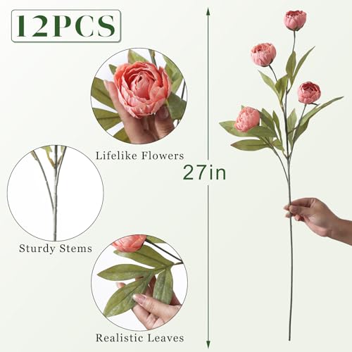 VIERENA 12 Pcs Faux Silk Peony Artificial Flowers for Vase -27", Bulk Fake Peonies Branches with Stems for DIY Bouquet Centerpieces Wedding Fillers Arrangements Shower Decorations (Dusty Pink) - color: Dusty Pink