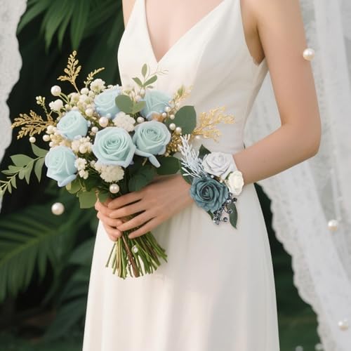 2Pcs Wedding Corsage and Boutonniere Set Blue Rose Corsage Wristlet and Boutonniere for Men Women Groom Bride Bridesmaid Groomsmen Wedding Party Accessory Prom Decoration (Blue) - color: Blue