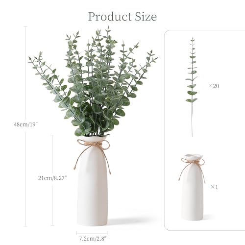 Vase with Greenery, 20pcs Artificial EucalyptusStems in White Vase, Boho Home Decor Plant, 19" Decorative Fake Plants for Home Farmhouse Mantle Centerpiece Decor - color: White